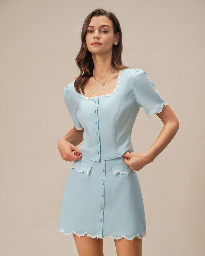 Light Blue Lace Button Square Neck Shirt