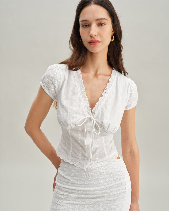White Textured Cap Sleeve Blouse