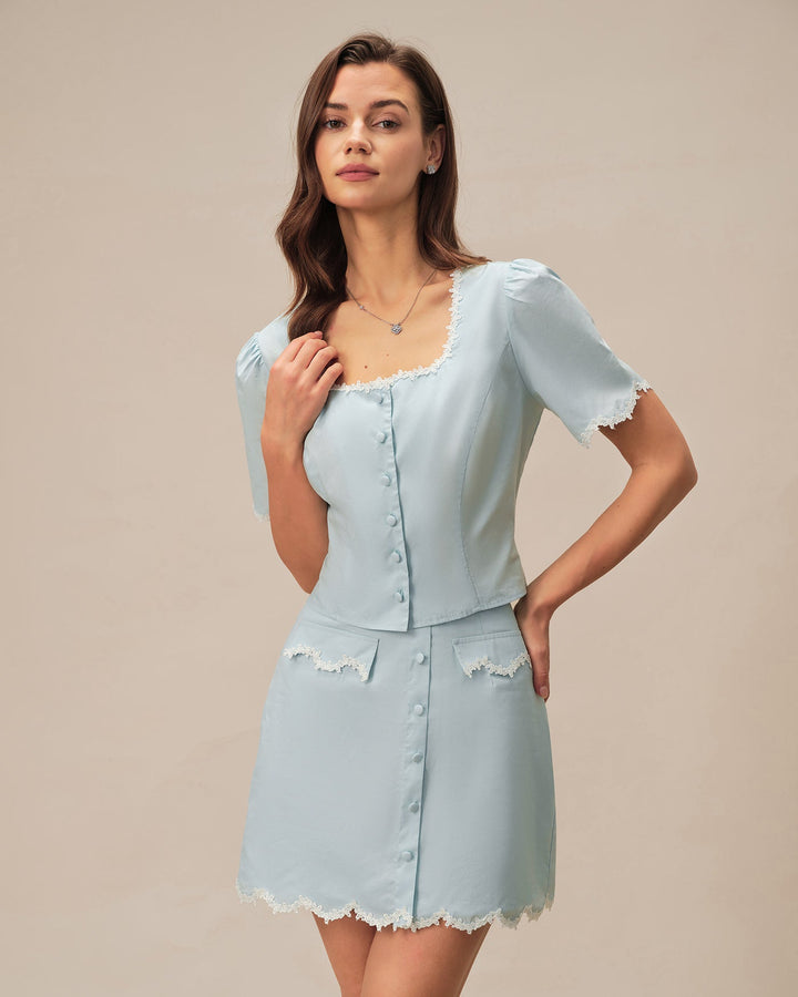 Light Blue Lace Button Square Neck Shirt