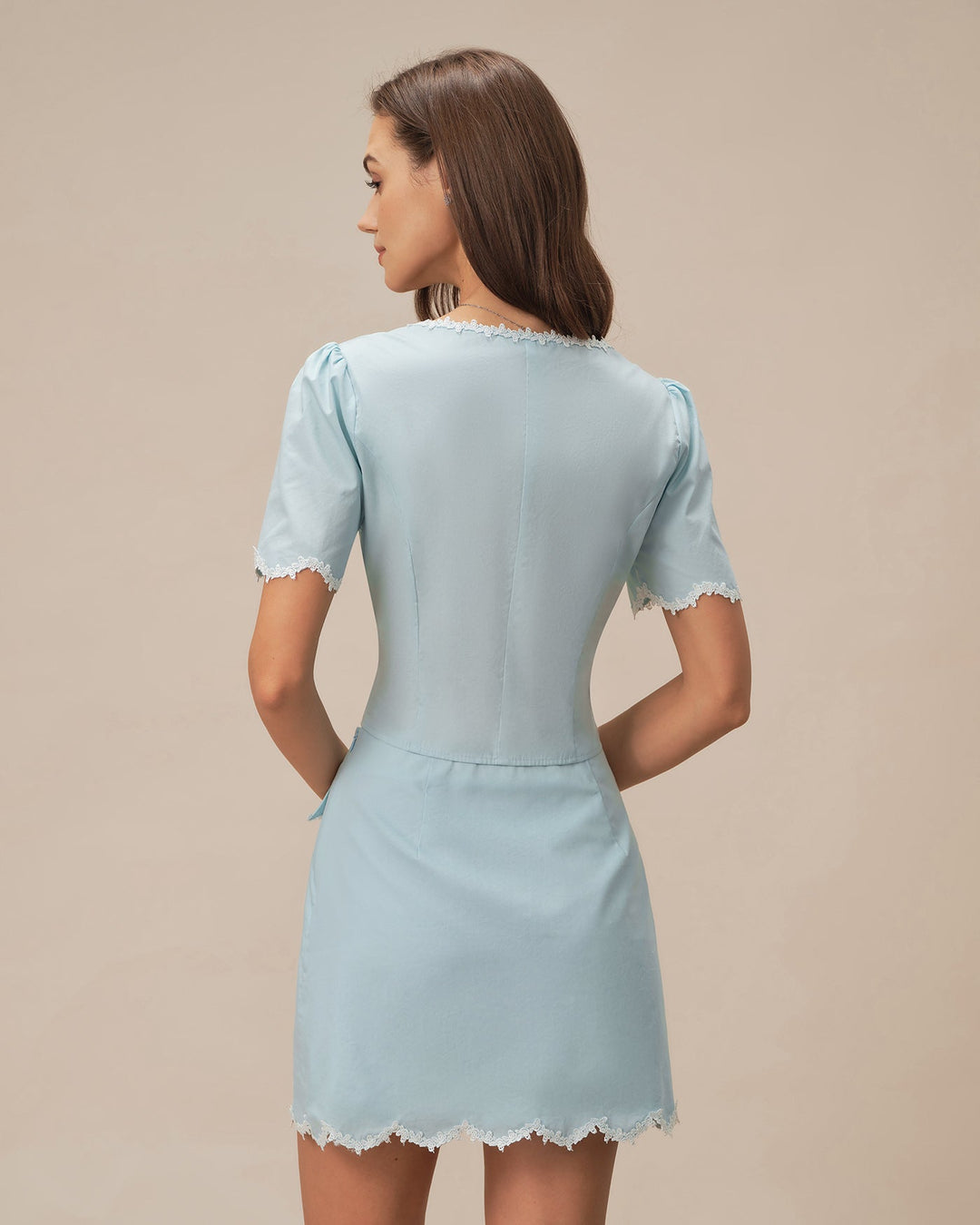 Light Blue Lace Button Square Neck Shirt