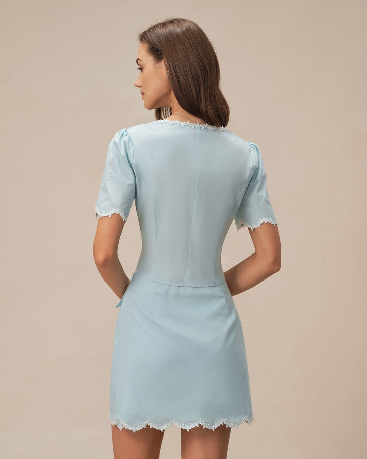 Light Blue Lace Button Square Neck Shirt