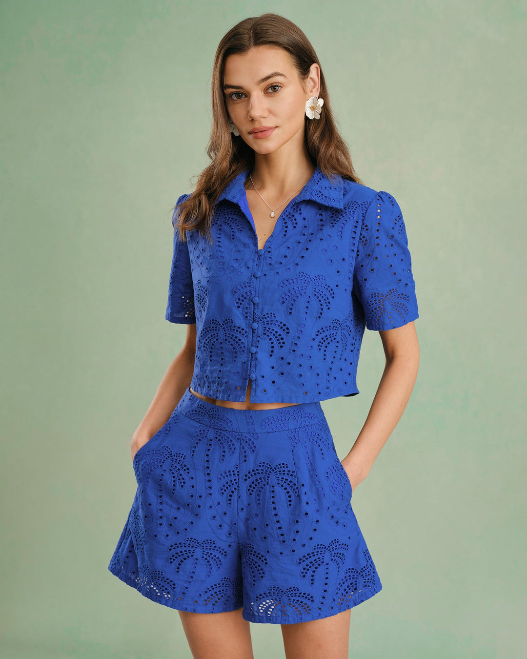 Blue Embroidery Cotton Shorts