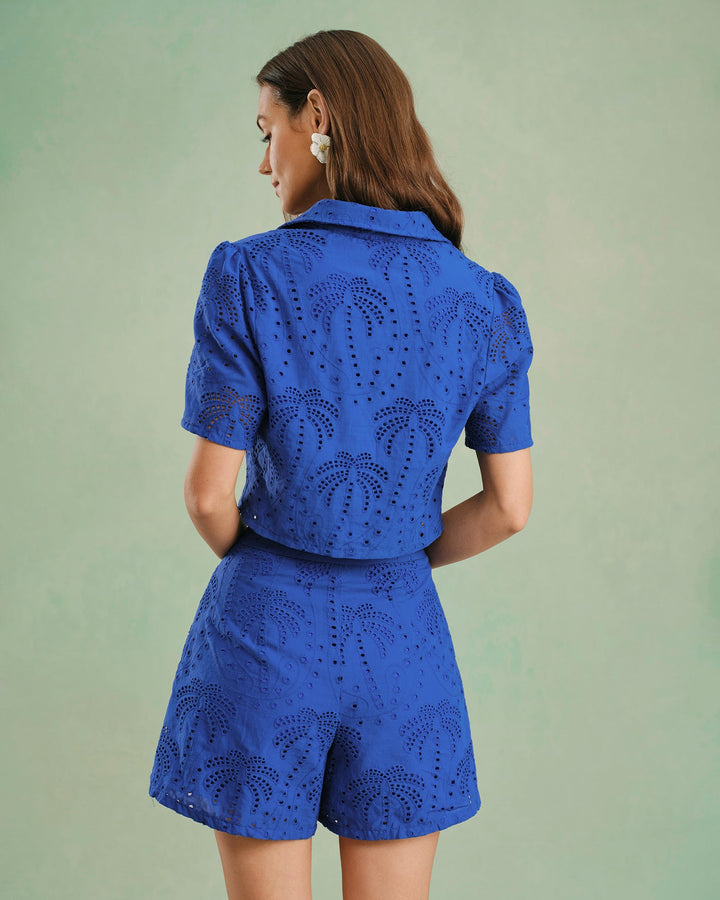 Blue Embroidery Cotton Shorts