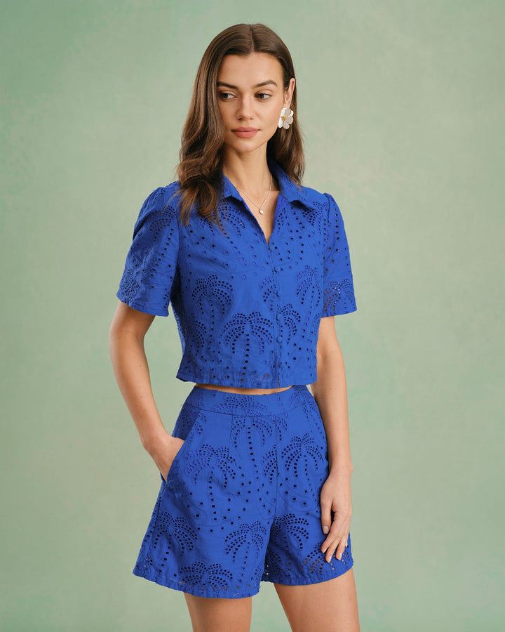 Blue Embroidery Cotton Shorts