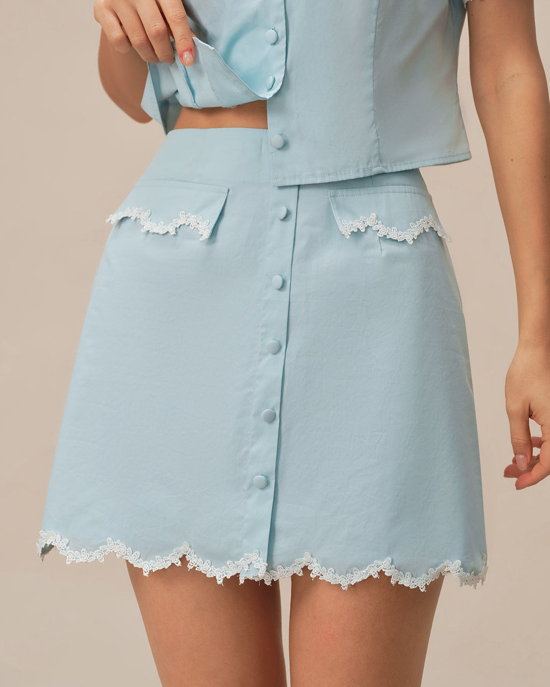 Light Blue Lace Pocket Button Mini Skirt