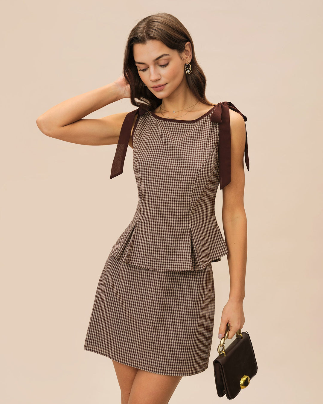 Brown Plaid Cotton Mini Skirt