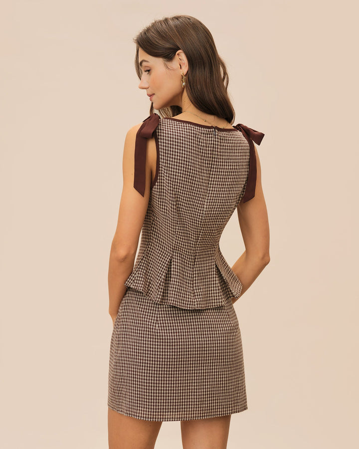 Brown Plaid Cotton Mini Skirt