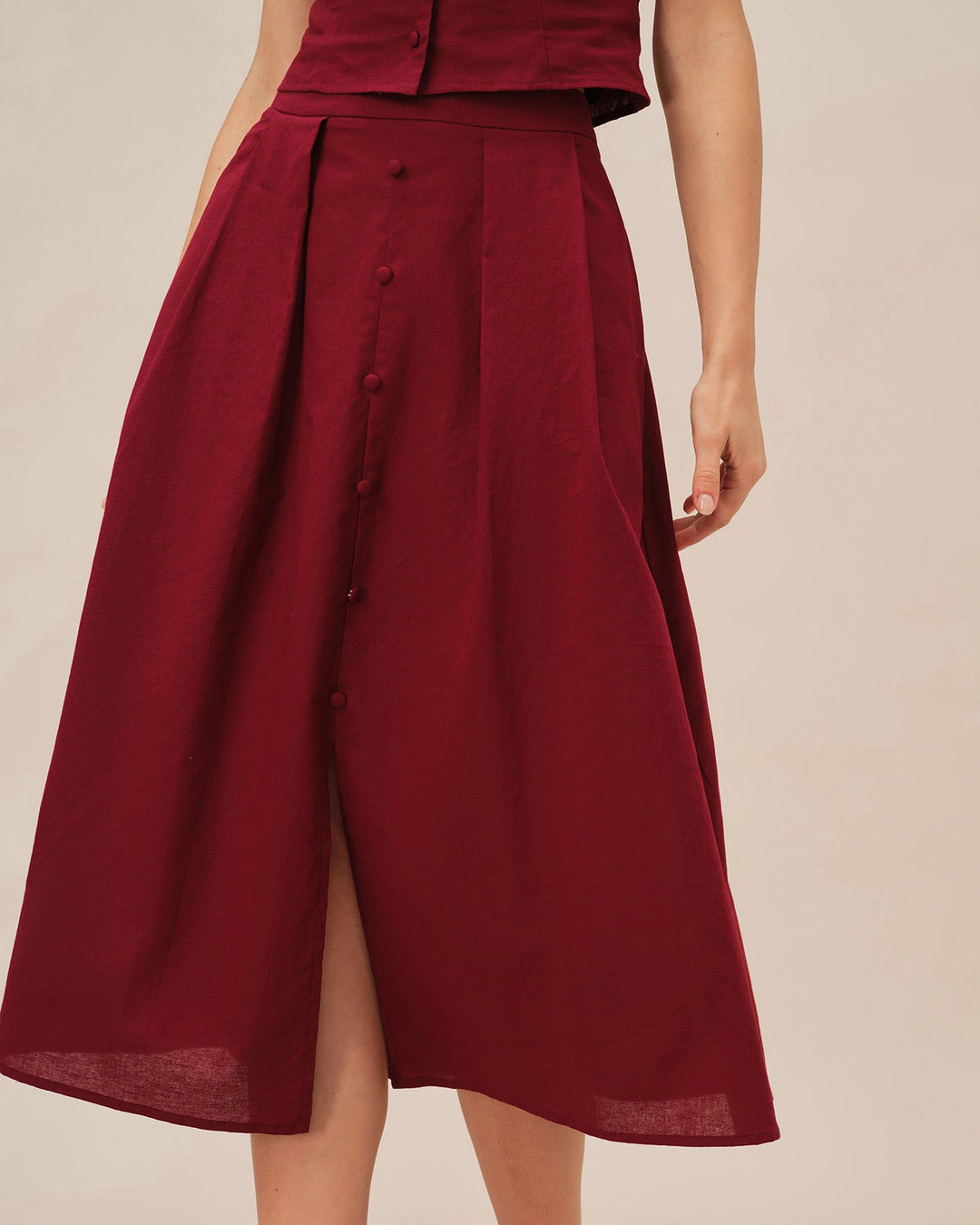 Red Ruched Slit Midi Skirt
