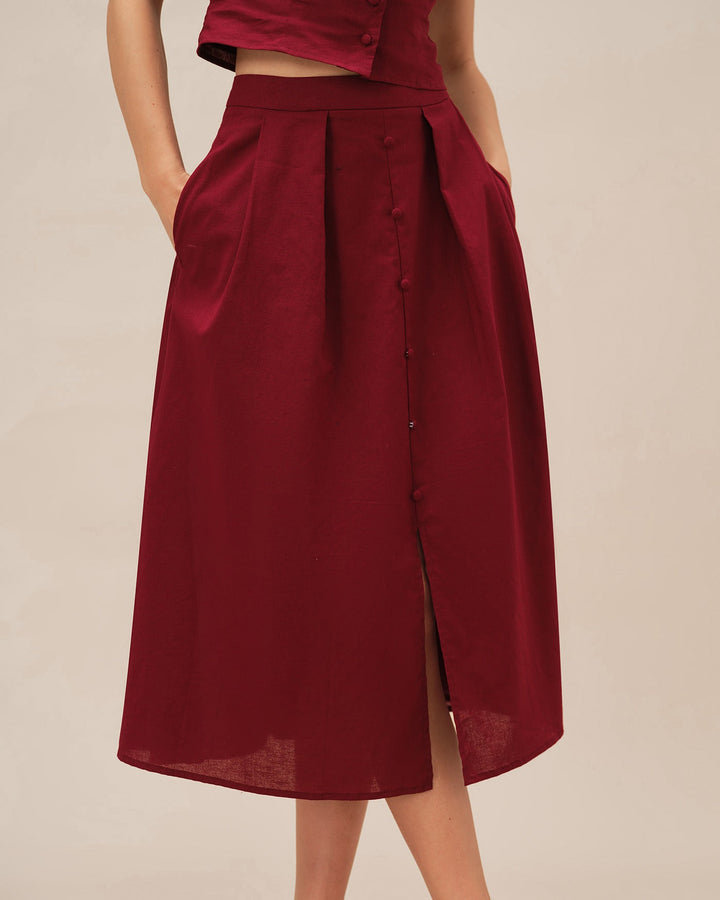 Red Ruched Slit Midi Skirt