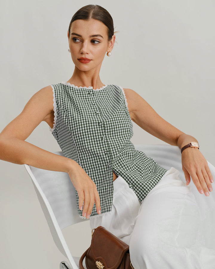 Green Boat Neck Plaid Tank Top