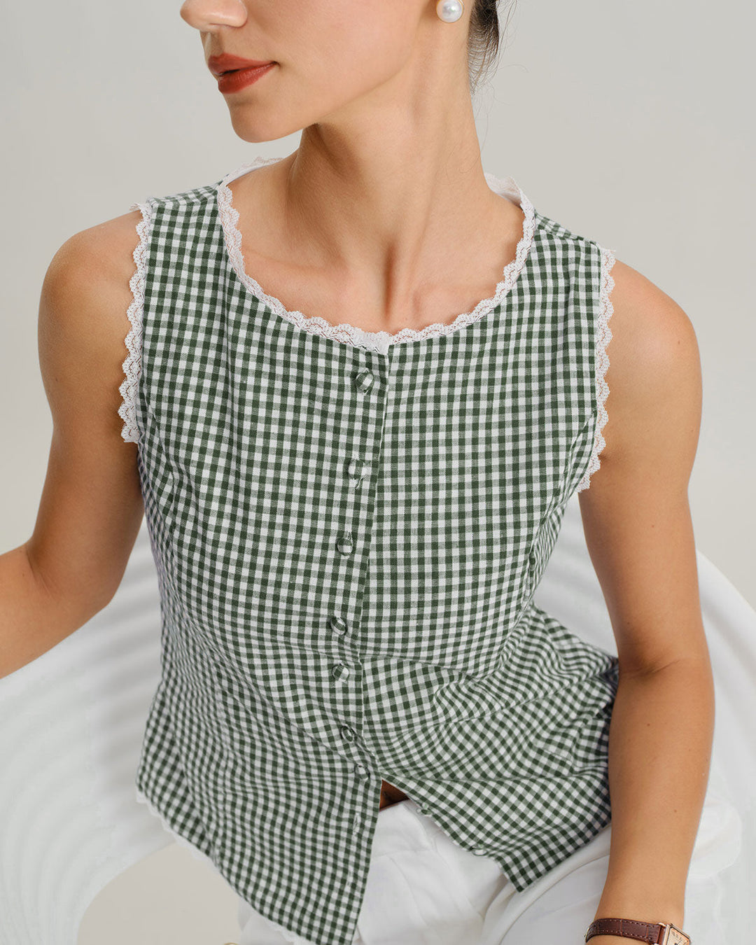 Green Boat Neck Plaid Tank Top