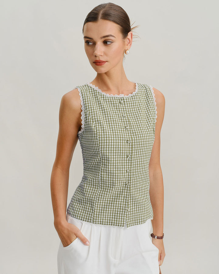 Light Green Boat Neck Plaid Tank Top