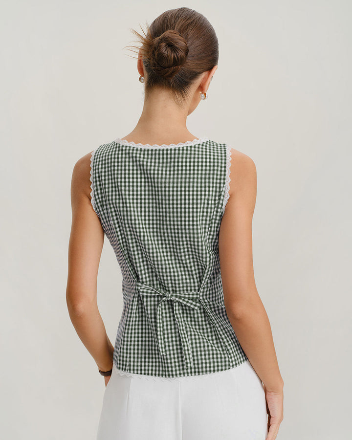 Green Boat Neck Plaid Tank Top