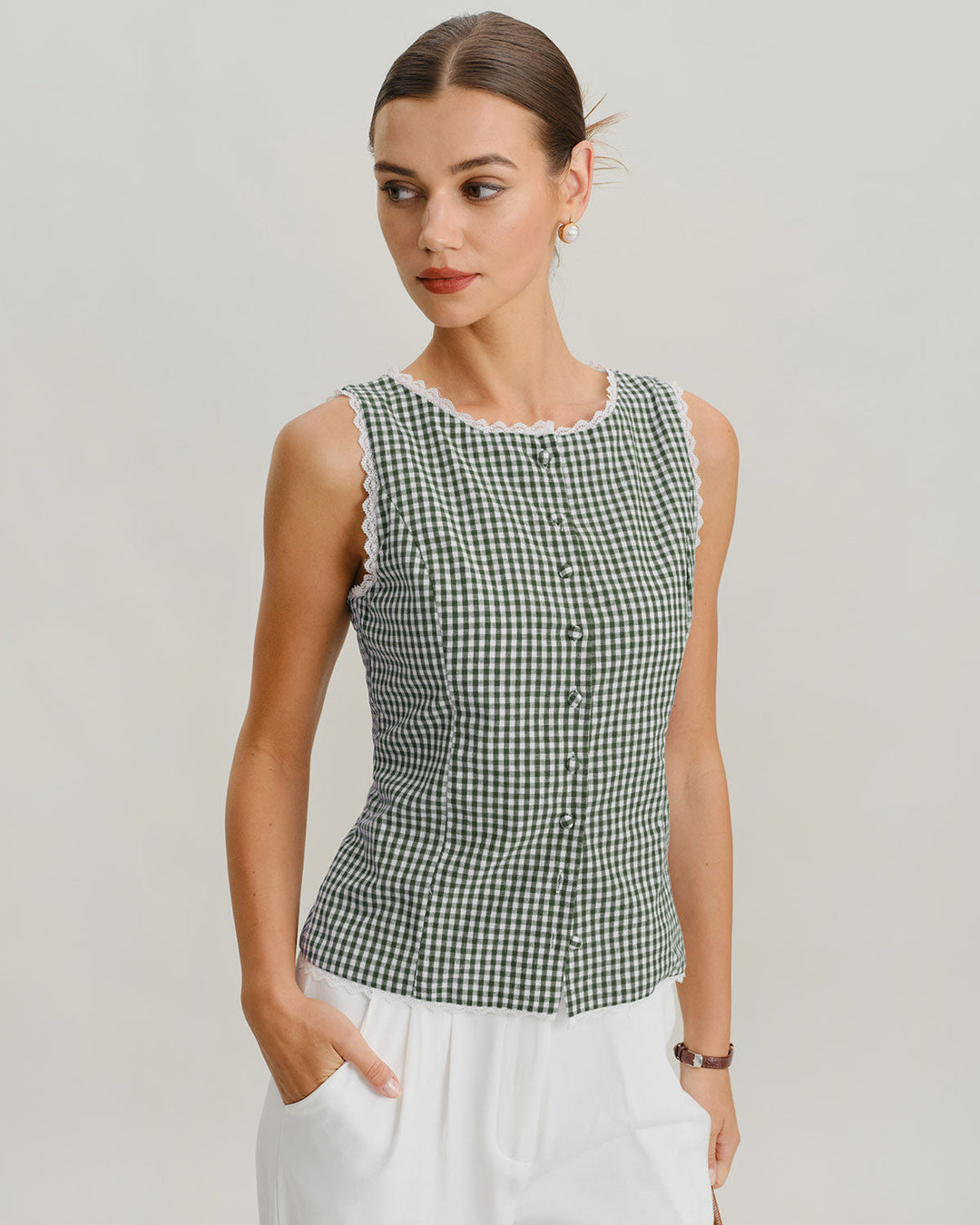 Green Boat Neck Plaid Tank Top