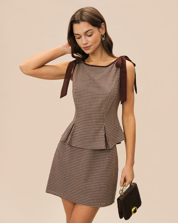 Brown Boat Neck Plaid Tank Top