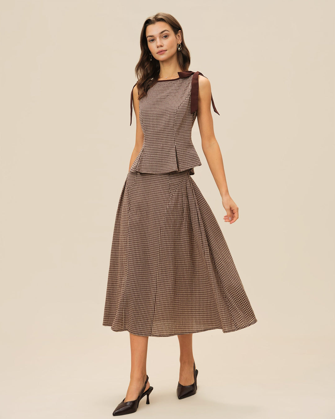 Brown Boat Neck Plaid Tank Top