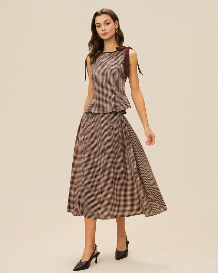 Brown Boat Neck Plaid Tank Top