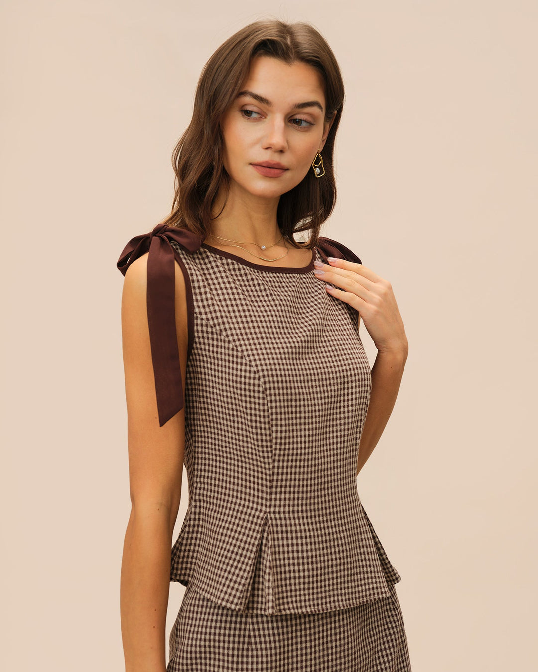 Brown Boat Neck Plaid Tank Top