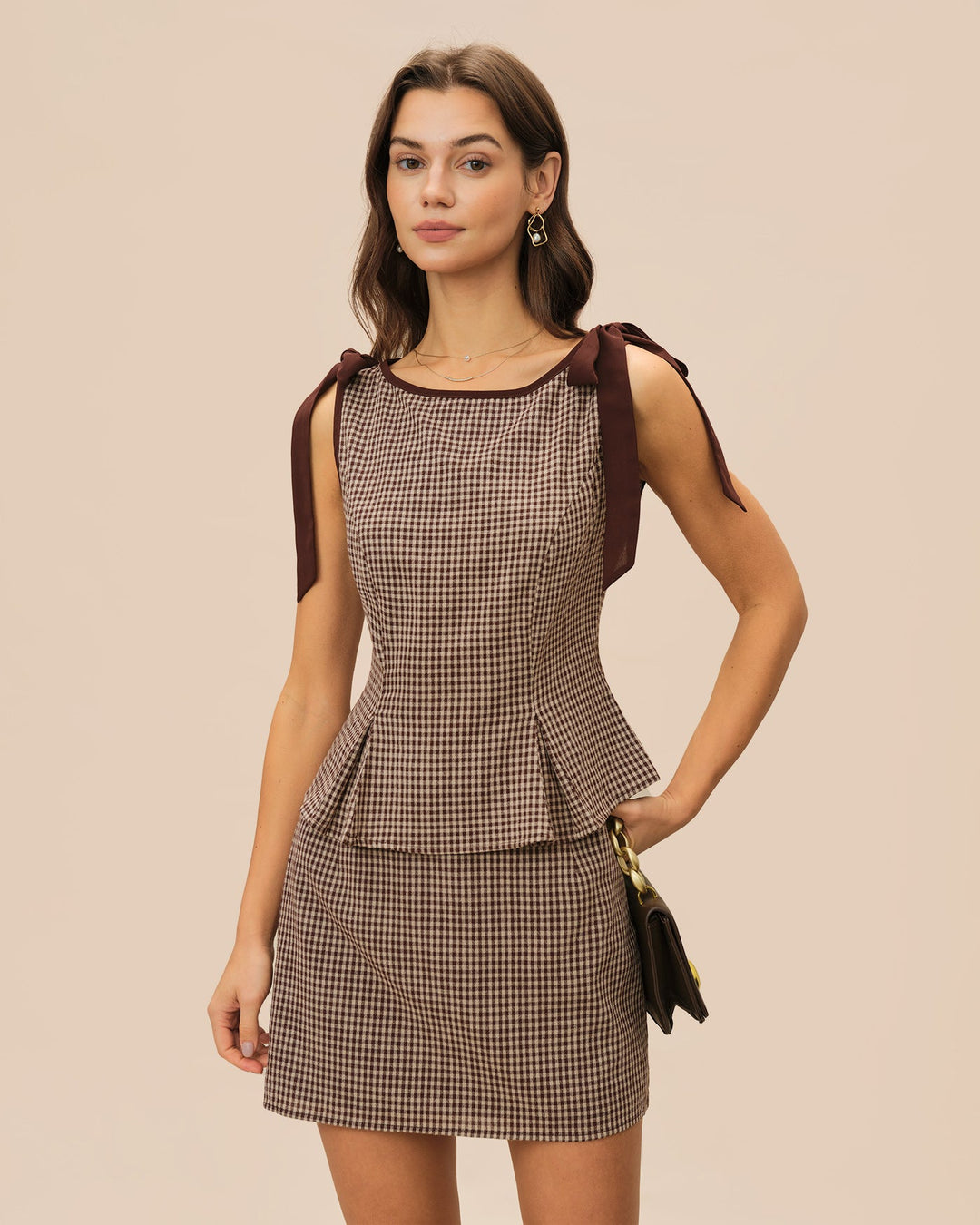 Brown Boat Neck Plaid Tank Top