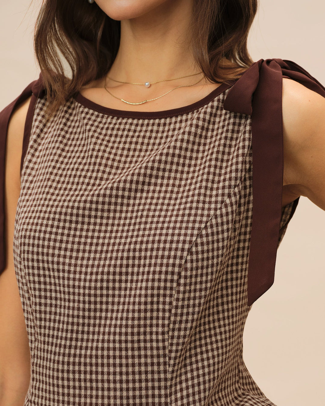 Brown Boat Neck Plaid Tank Top