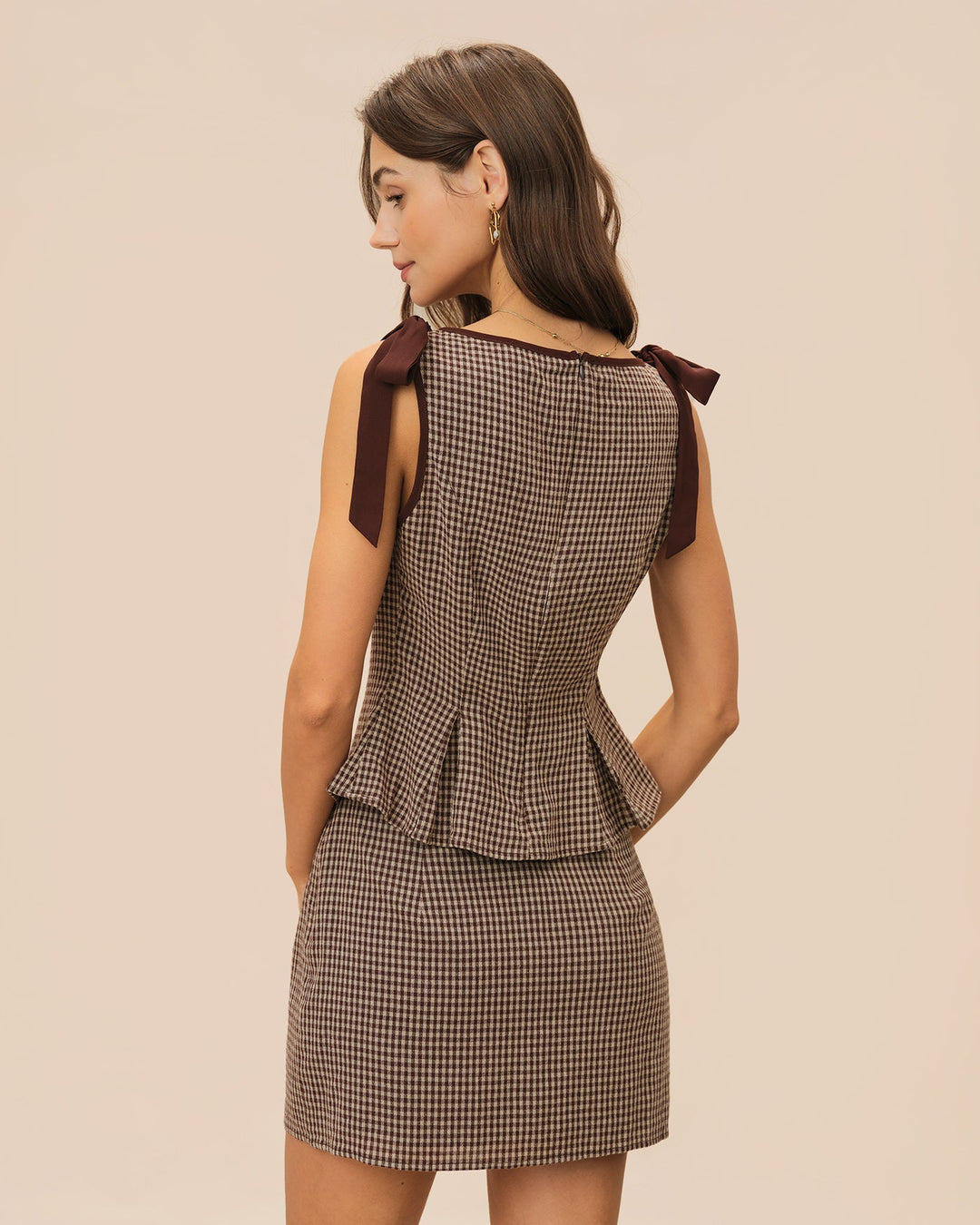 Brown Boat Neck Plaid Tank Top