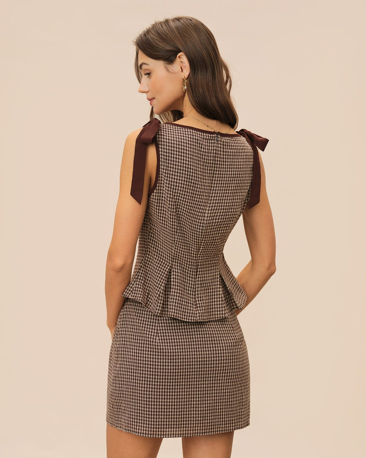 Brown Boat Neck Plaid Tank Top