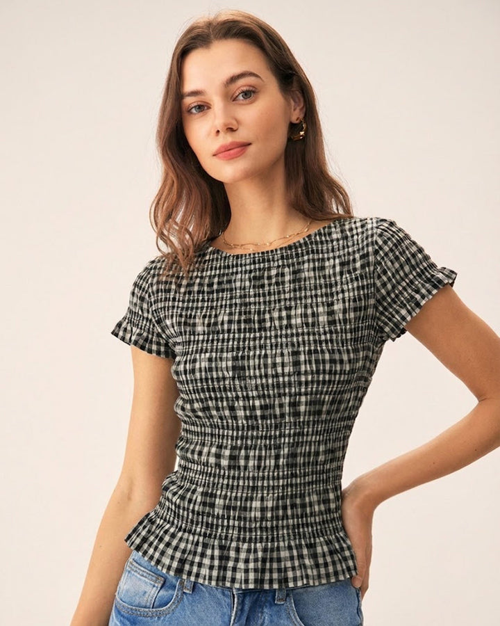 Black Boat Neck Shirred Plaid Tee