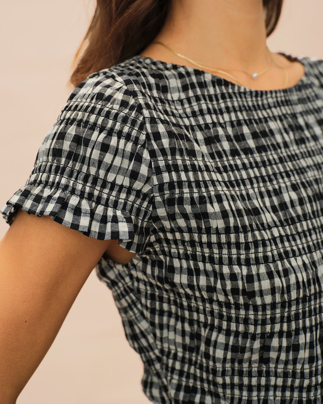 Black Boat Neck Shirred Plaid Tee