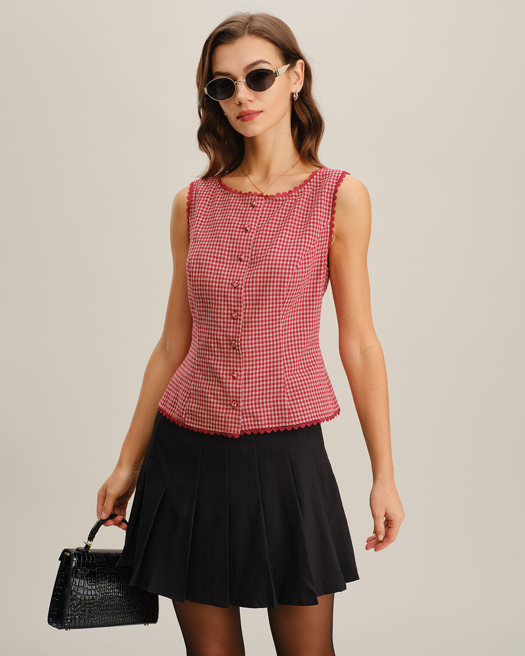 Red Gingham Boat Neck Sleeveless Tank Top