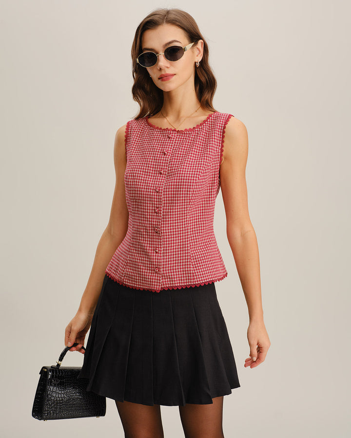 Red Gingham Boat Neck Sleeveless Tank Top