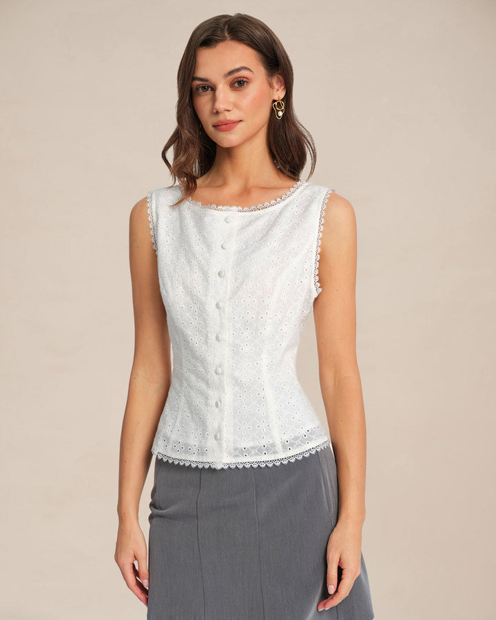 White Single Breasted Lace Vest