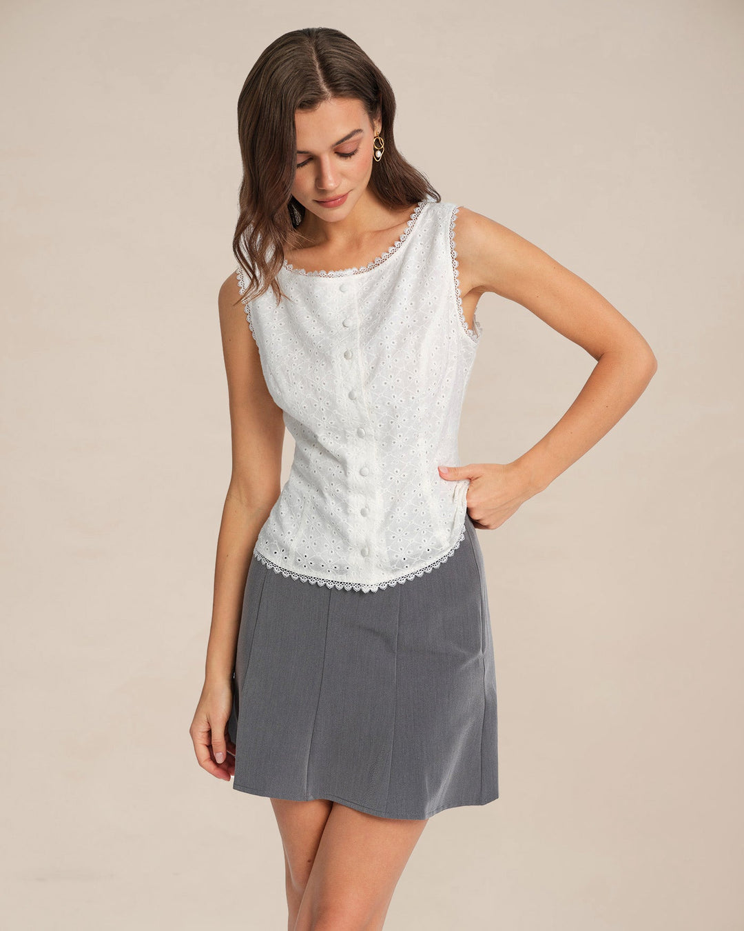 White Single Breasted Lace Vest