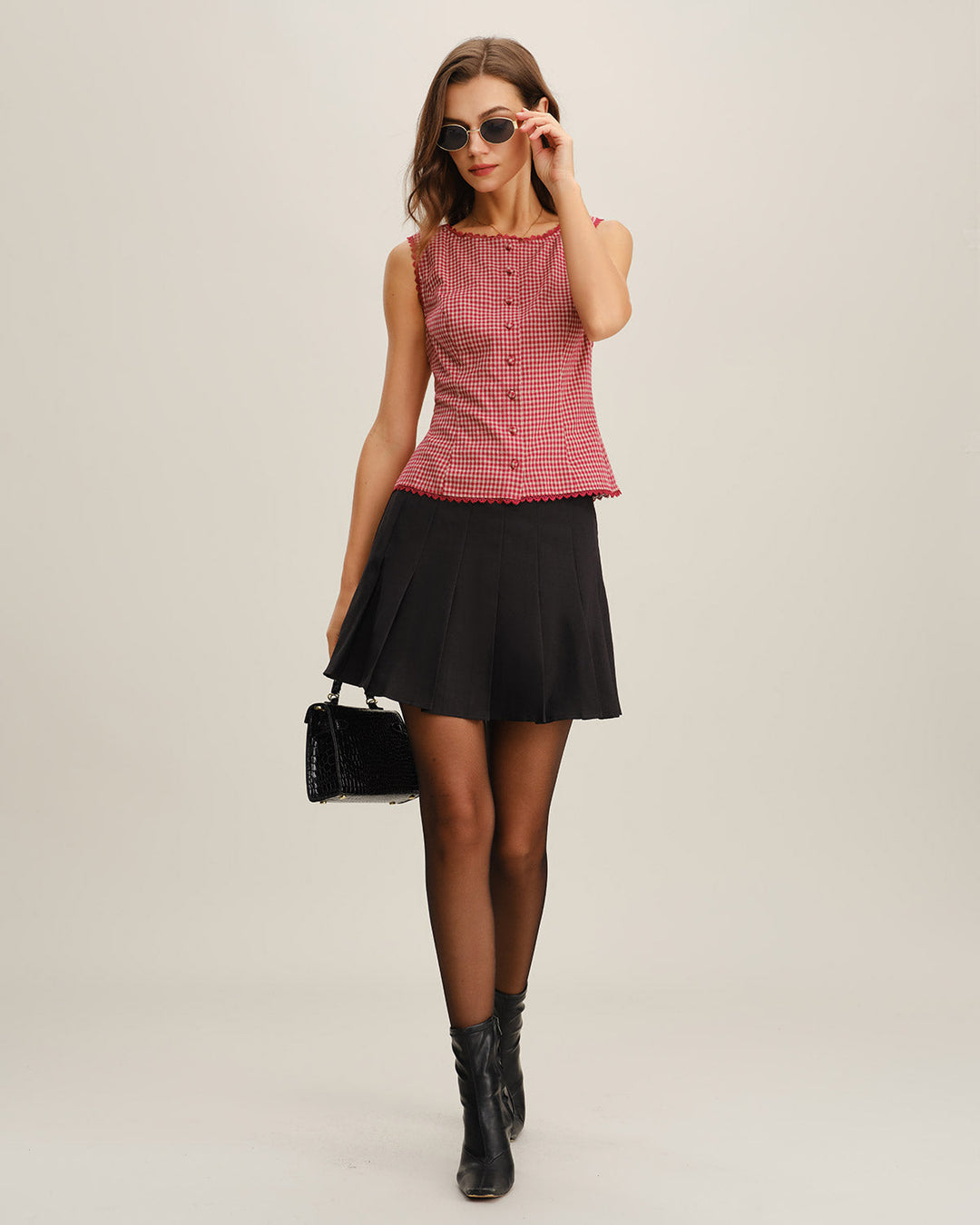 Red Gingham Boat Neck Sleeveless Tank Top