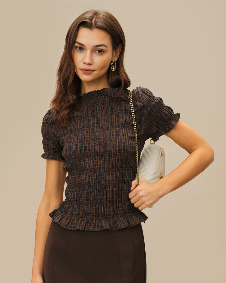 Coffee Plaid Shirred Tee