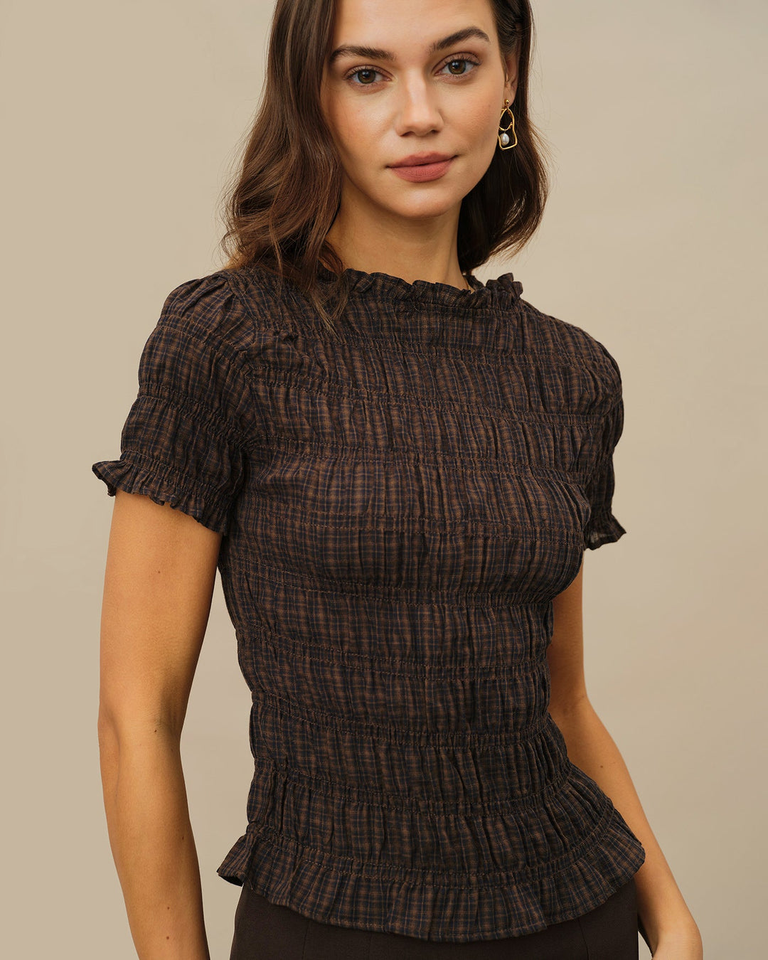 Coffee Plaid Shirred Tee