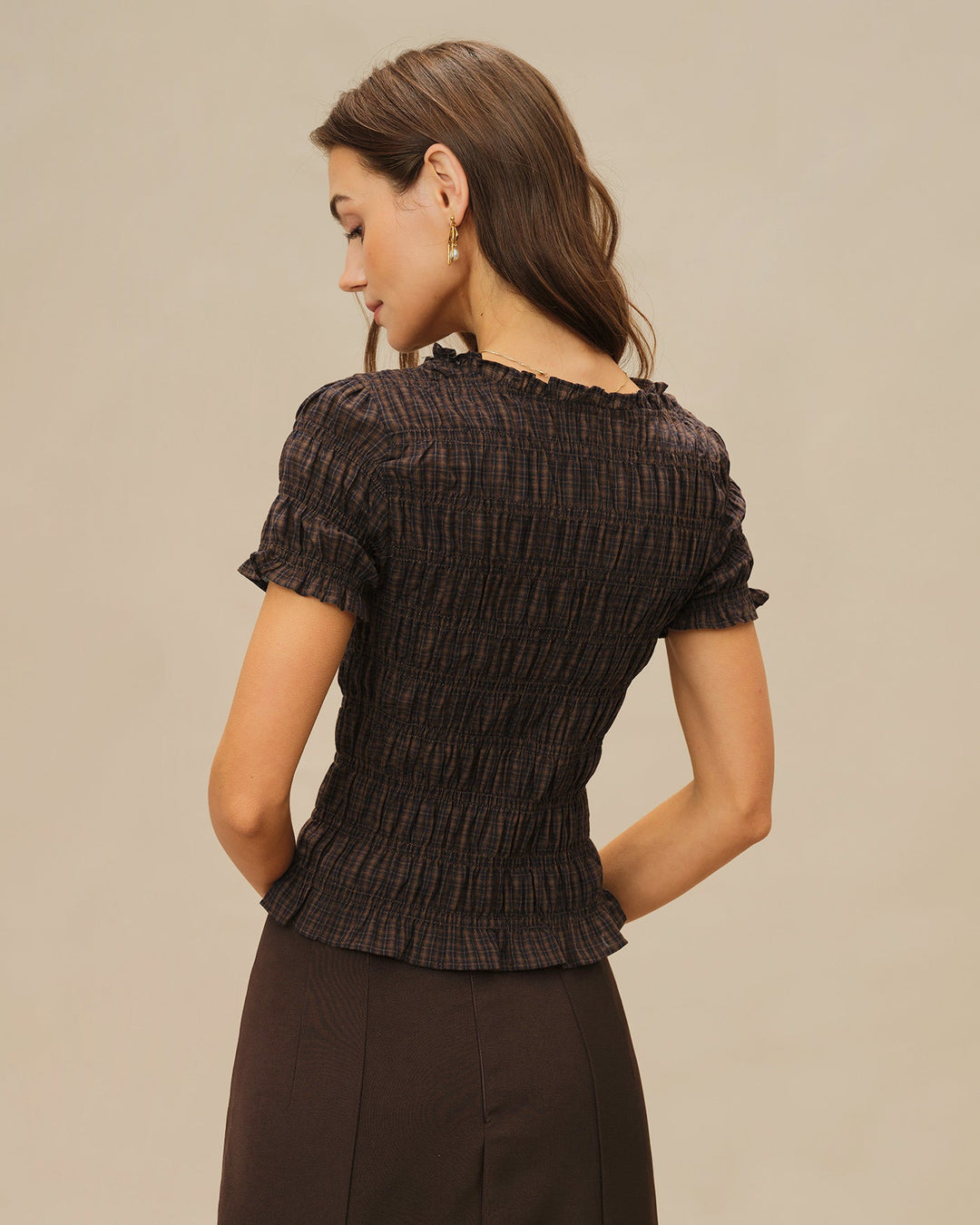 Coffee Plaid Shirred Tee