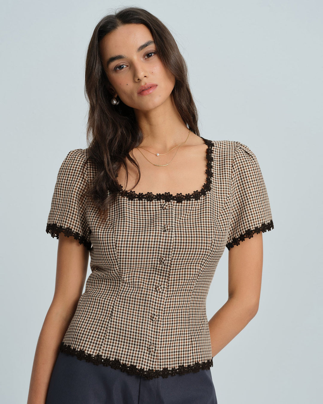 Coffee Square Neck Plaid Blouse