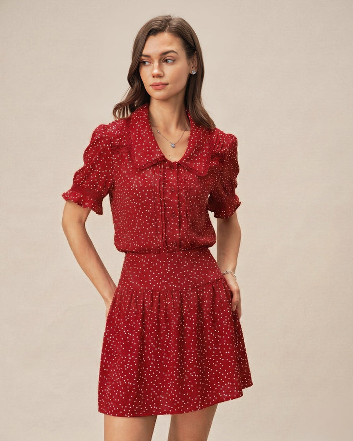 Red Puffed Sleeve Polka Dot Collar Blouse