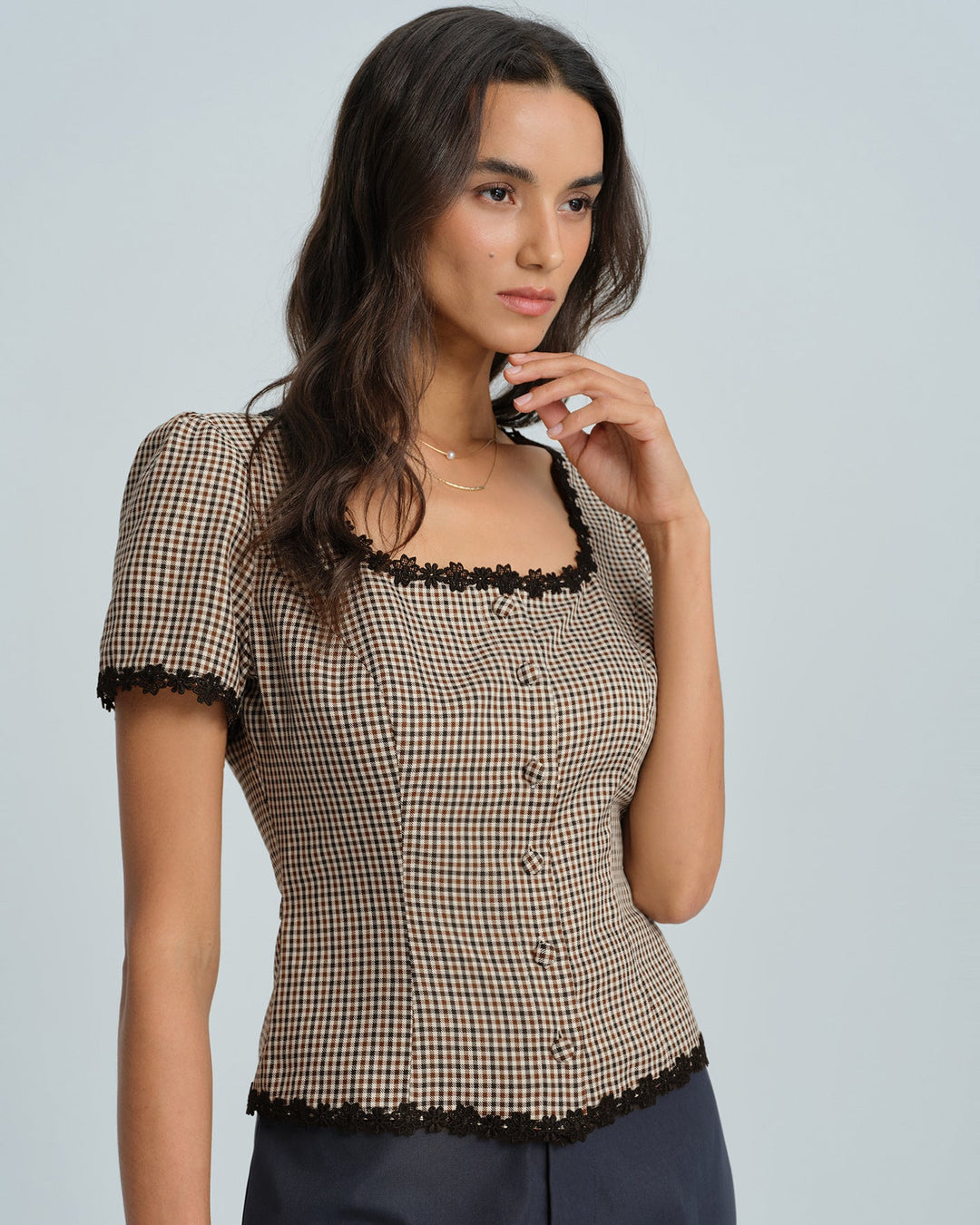 Coffee Square Neck Plaid Blouse