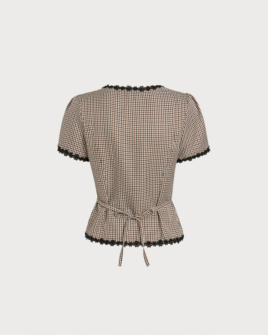 Coffee Square Neck Plaid Blouse