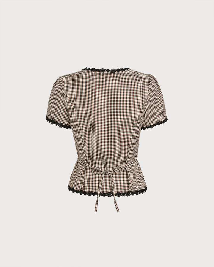 Coffee Square Neck Plaid Blouse