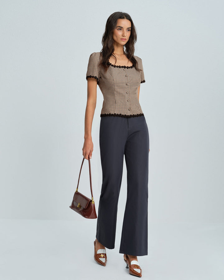 Coffee Square Neck Plaid Blouse