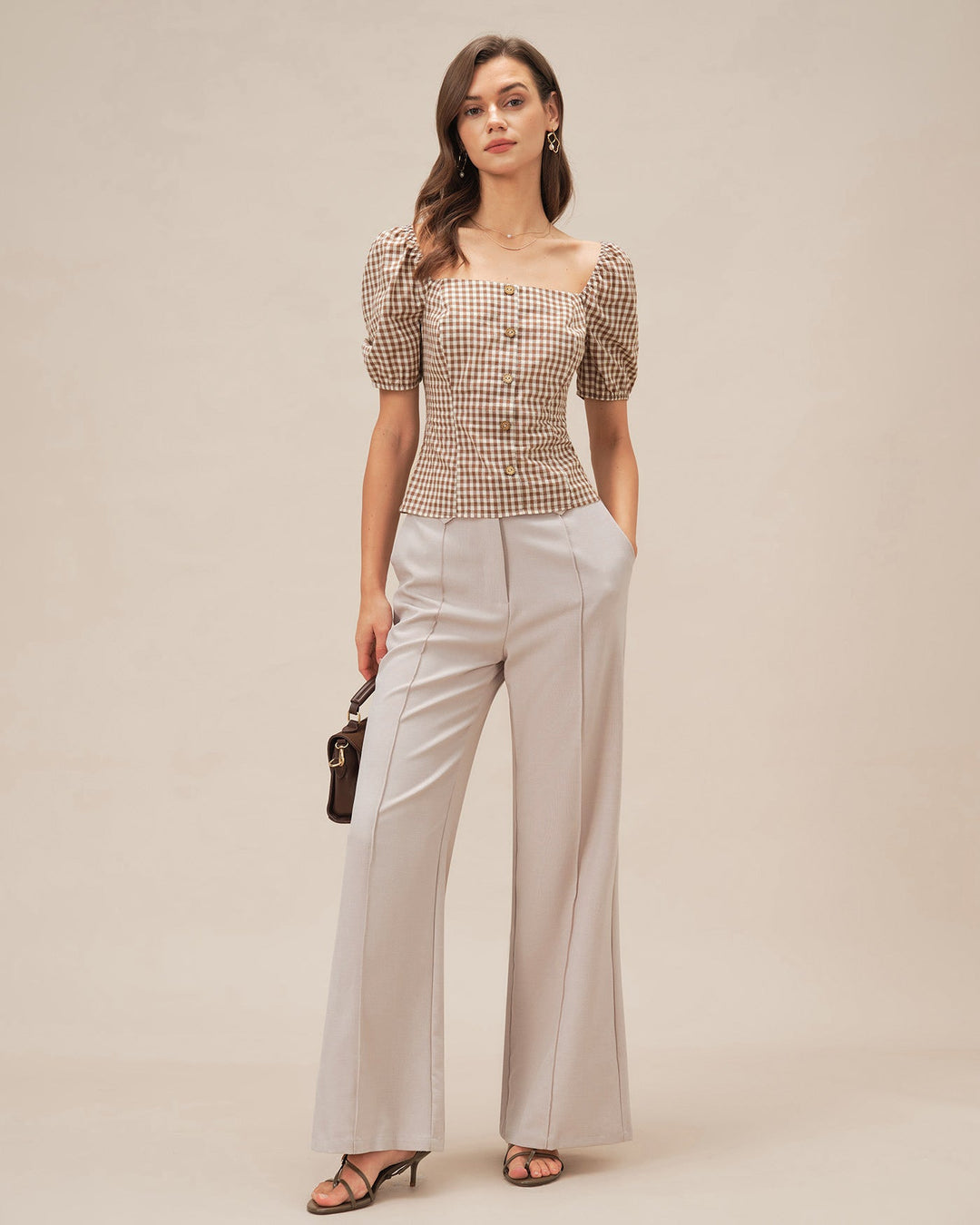 Brown Square Neck Puffed Sleeve Plaid Blouse