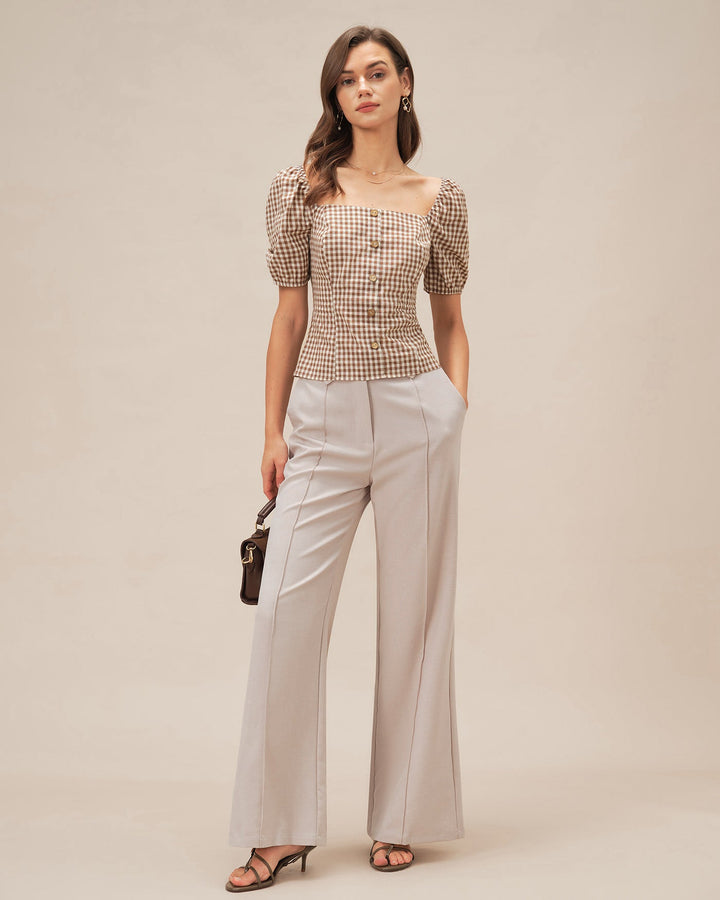 Brown Square Neck Puffed Sleeve Plaid Blouse