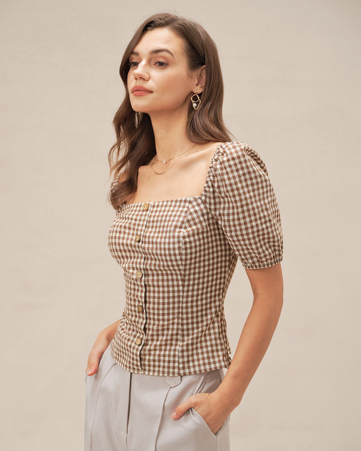 Brown Square Neck Puffed Sleeve Plaid Blouse