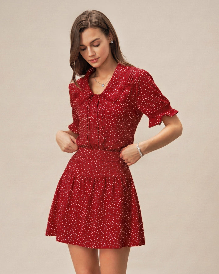 Red Puffed Sleeve Polka Dot Collar Blouse