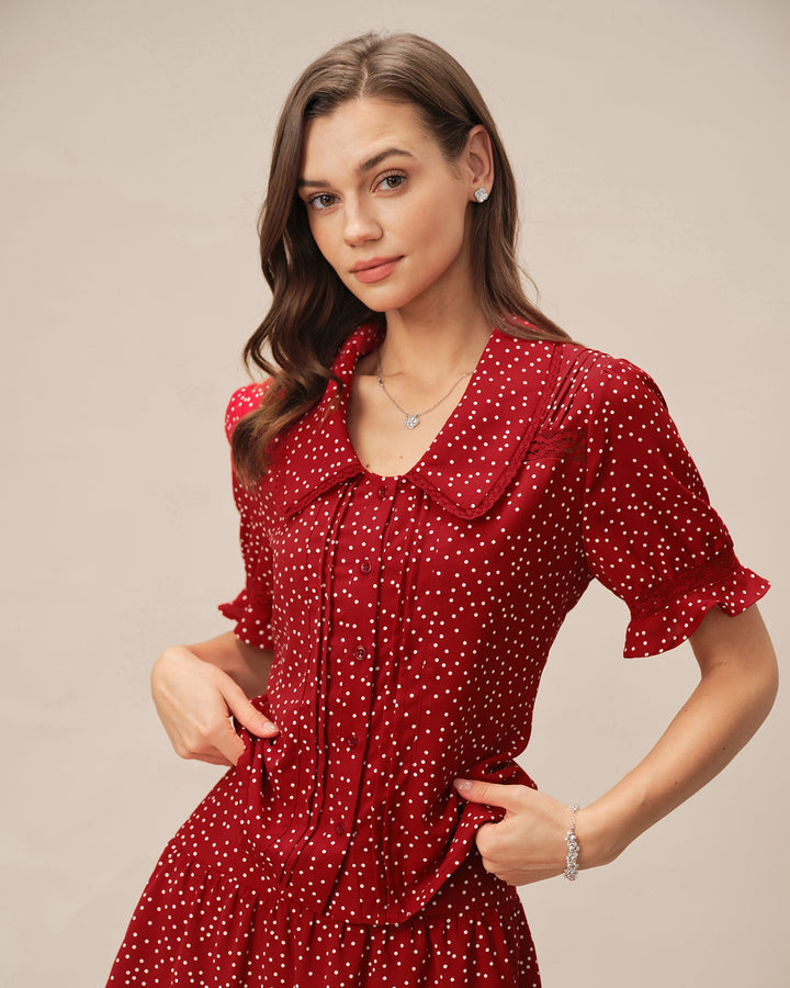 Red Puffed Sleeve Polka Dot Collar Blouse