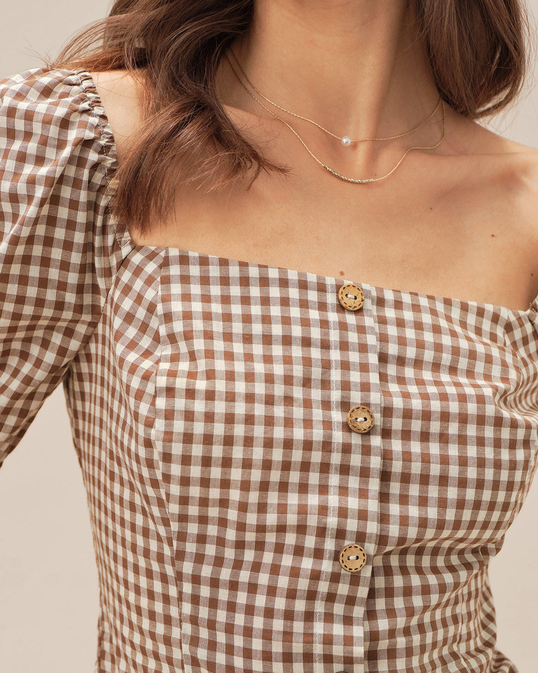 Brown Square Neck Puffed Sleeve Plaid Blouse