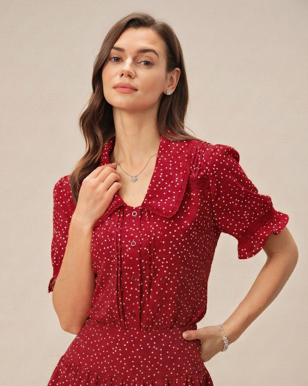 Red Puffed Sleeve Polka Dot Collar Blouse