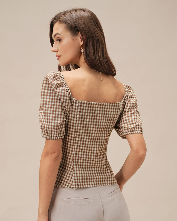 Brown Square Neck Puffed Sleeve Plaid Blouse